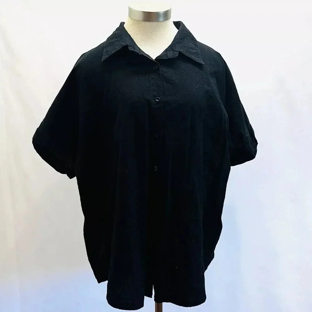ZEAGOO Women Short Sleeve Button Down Collared Black 100% Cotton Shirt Size XXL